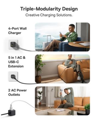 PowerCombo Mini Power Strip 5 in 1 Charging Station 67W USB C Fast Charger,5ft Flat Extension Cord with 2 AC Outlets
