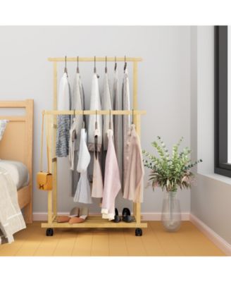 Wooden Clothes Stand Freestanding Bamboo Coat Rack with Wheels
