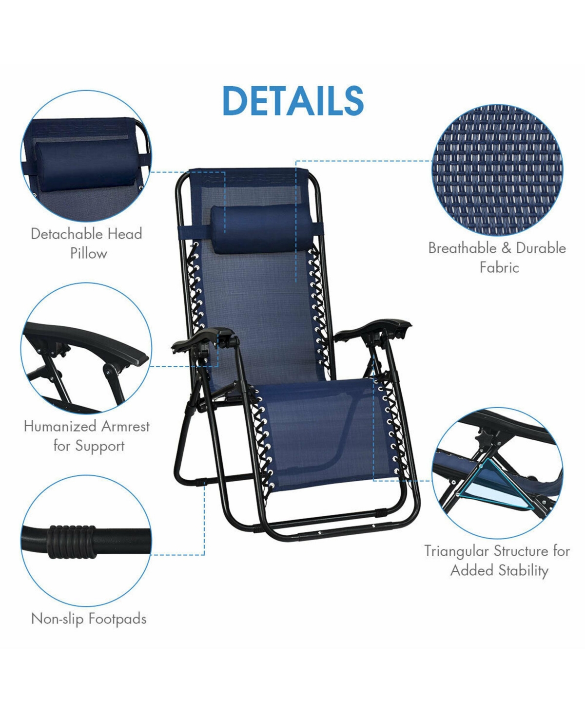 Gymax 3PCS Zero Gravity Recliner Lounge Chairs Pillows Table Portable Folding- Navy