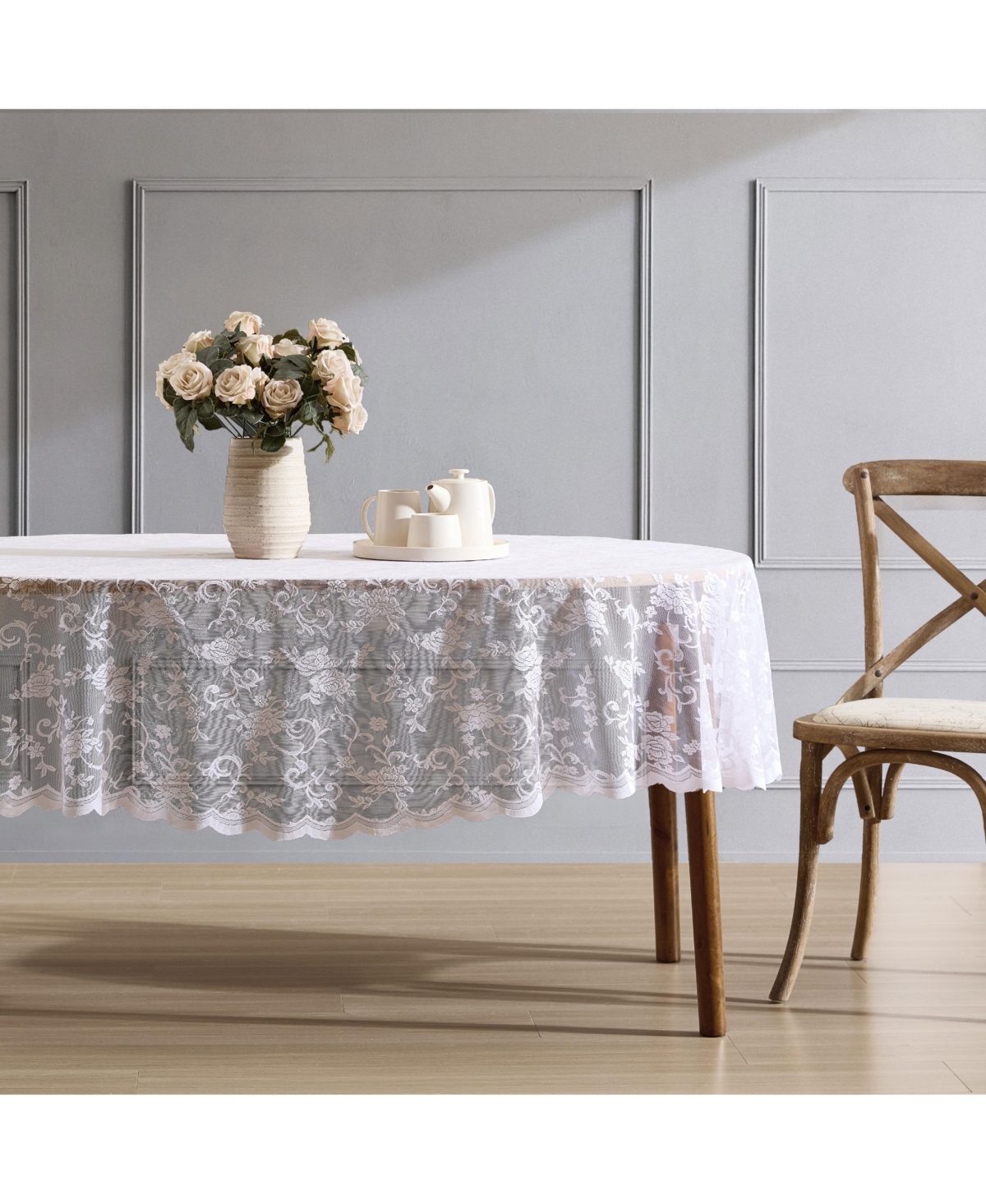 Harper Floral Lace Fabric Tablecloth, Lace Fabric Table Cloth for Oval Tables, Wrinkle Resistant Tablecloth, Patterned Scalloped Tablecloth (60