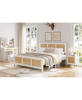 King Size Rattan Bed Frame with Headboard, White Boho Cane Platform Bed Frame with Strong Metal Slat, Noise Free, No Box Spring Needed