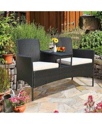 Patented Cushioned Rattan Wicker Patio Conversation Set Loveseat Table