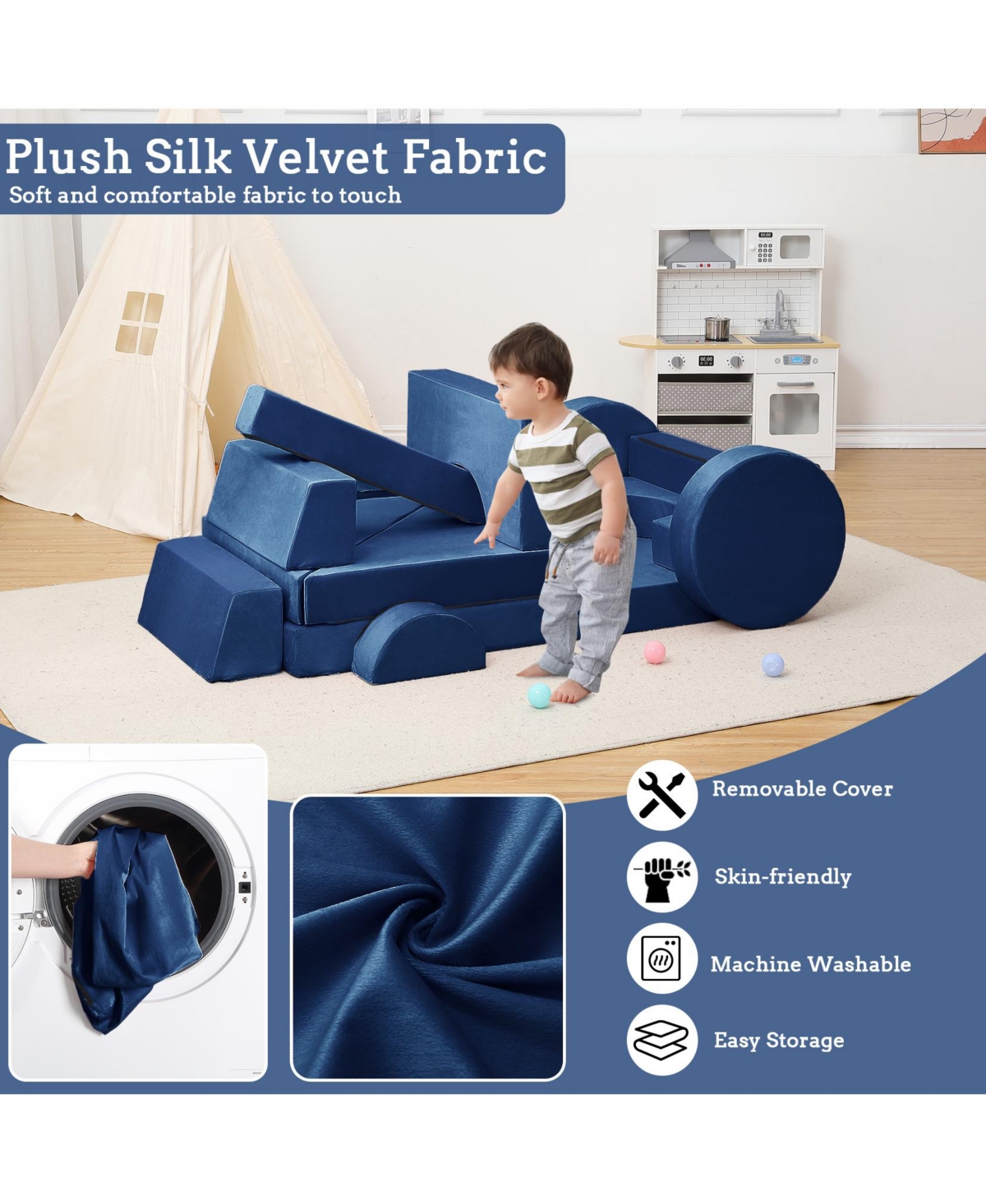 gaomon 14 Pcs Kids Play Couch Sofa, Modular Folding Playset, Convertible Foam Cushions for Playroom and Bedroom, for Boys and Girls