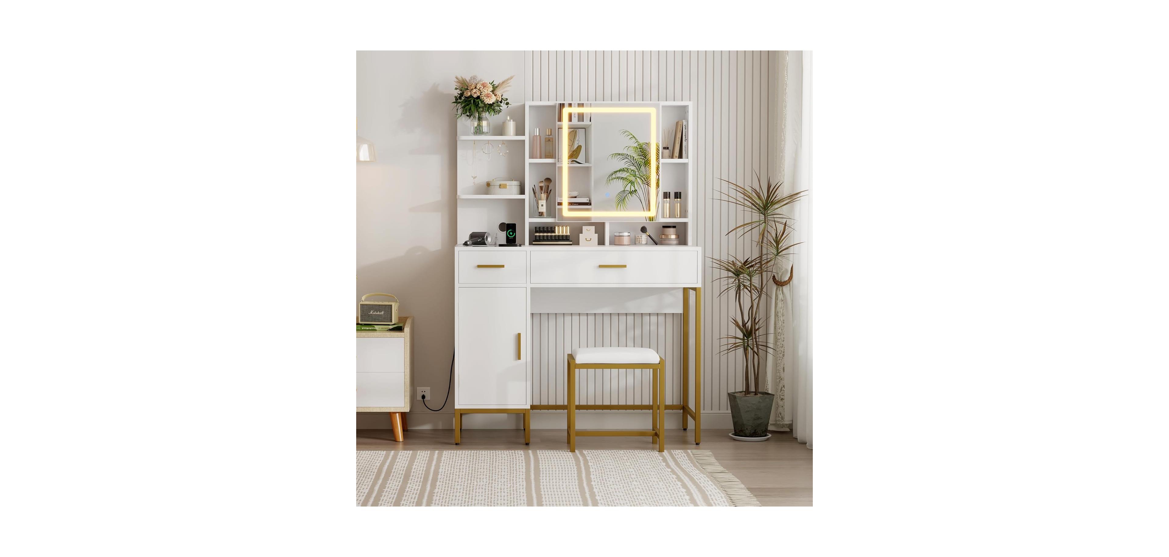 gaomon Makeup Vanity with Power Outlet, Vanity Desk with Mirror and Lights