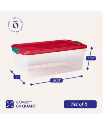 64 Qt Holiday Seasonal Decor Plastic Storage Bin with Latching Lid, 6 Pack