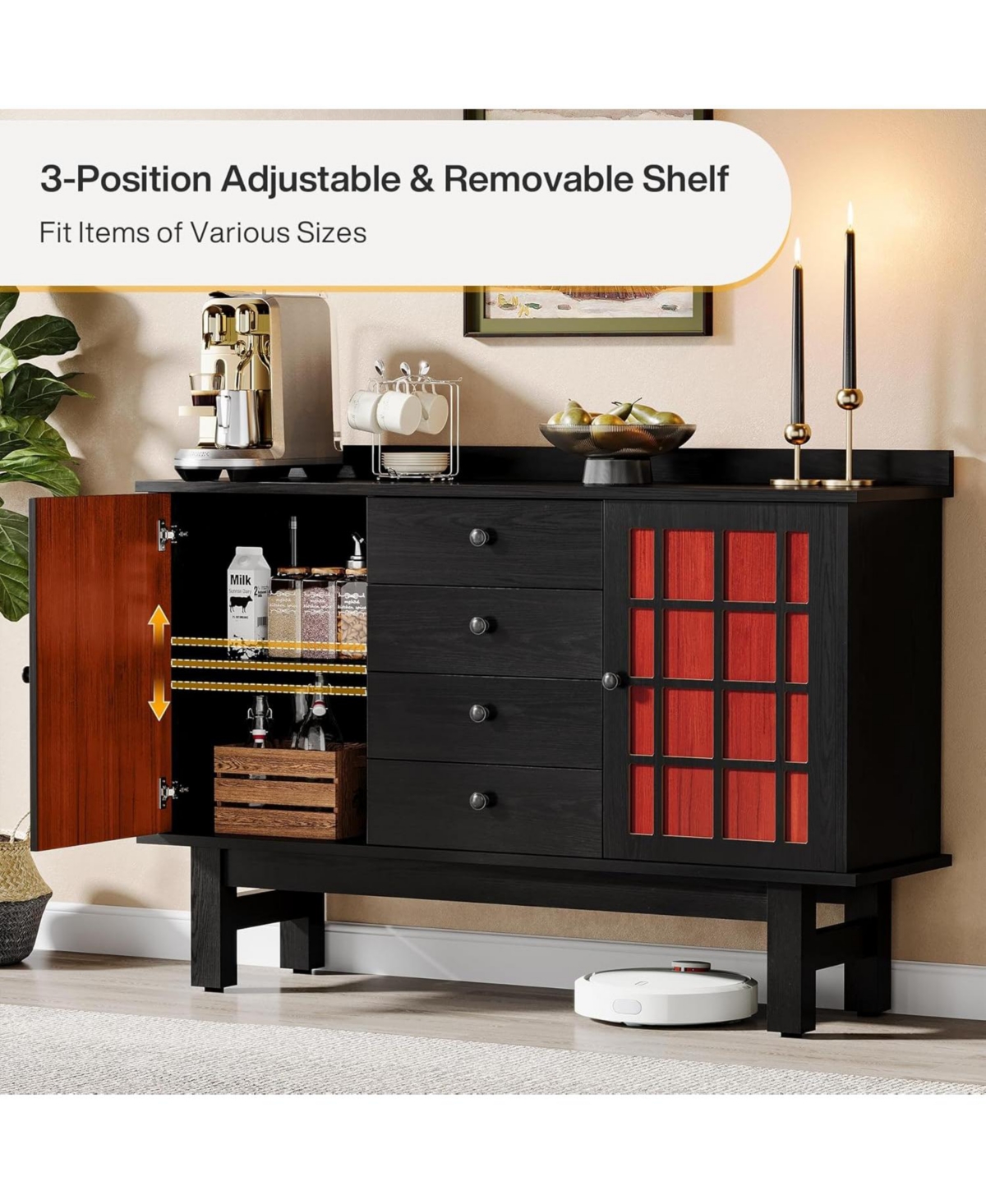 Tribesigns Storage Cabinet, Black Accent Cabinet with 2 Doors and 4 Drawers, Classic Wood Sideboard Buffet Cabinet with Storage, Large Credenza fo