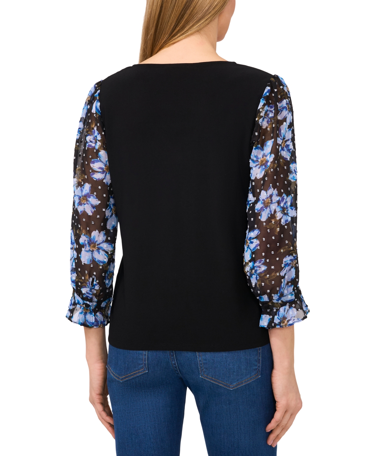 Cece Floral Clip Dot Sleeve V-neck Mixed Media Top In Mod Black