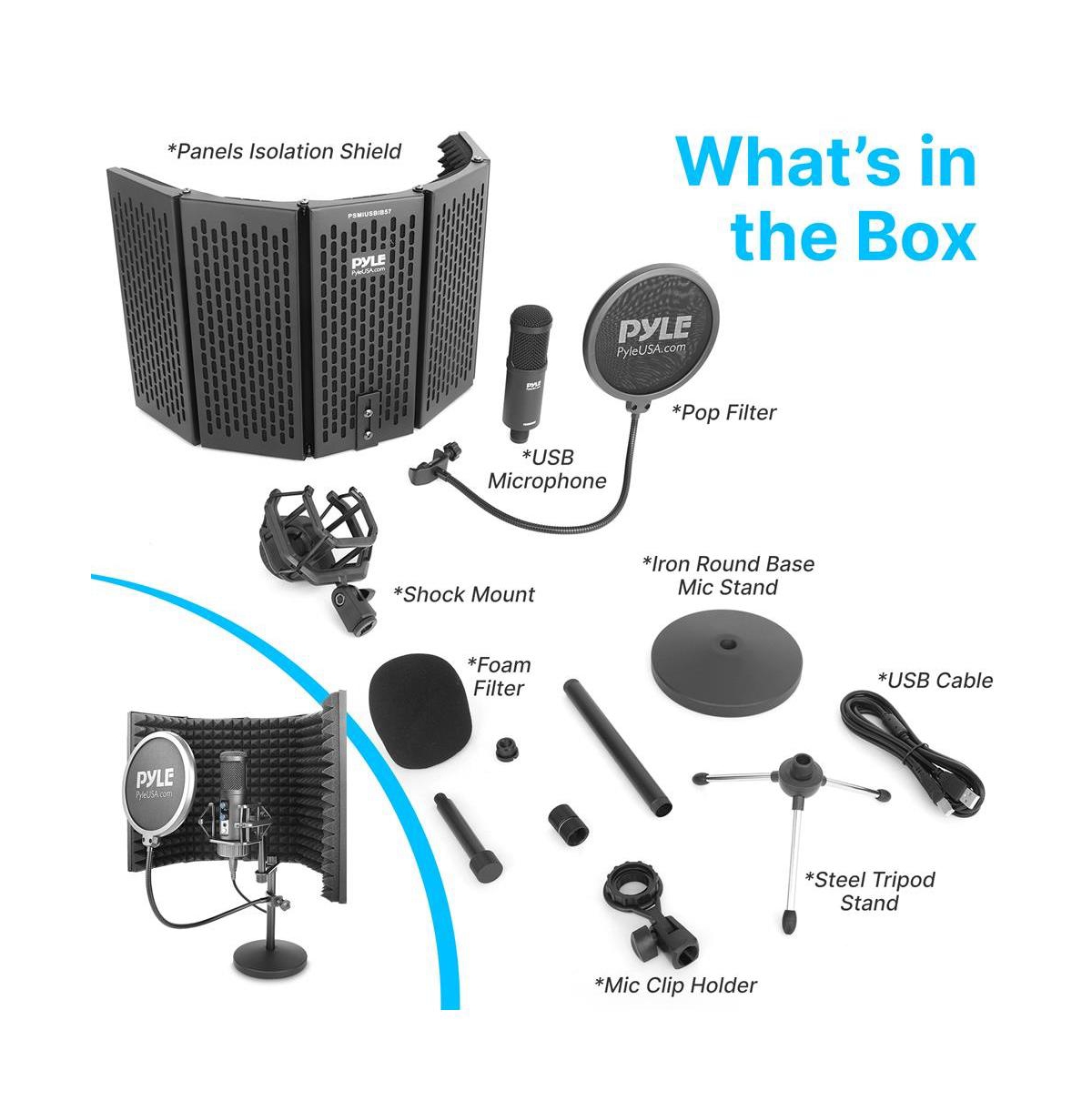 Pyle Usb Condenser Microphone Kit with Isolation Shield, Shock Mount, Pop Filter, and Tripod Stand