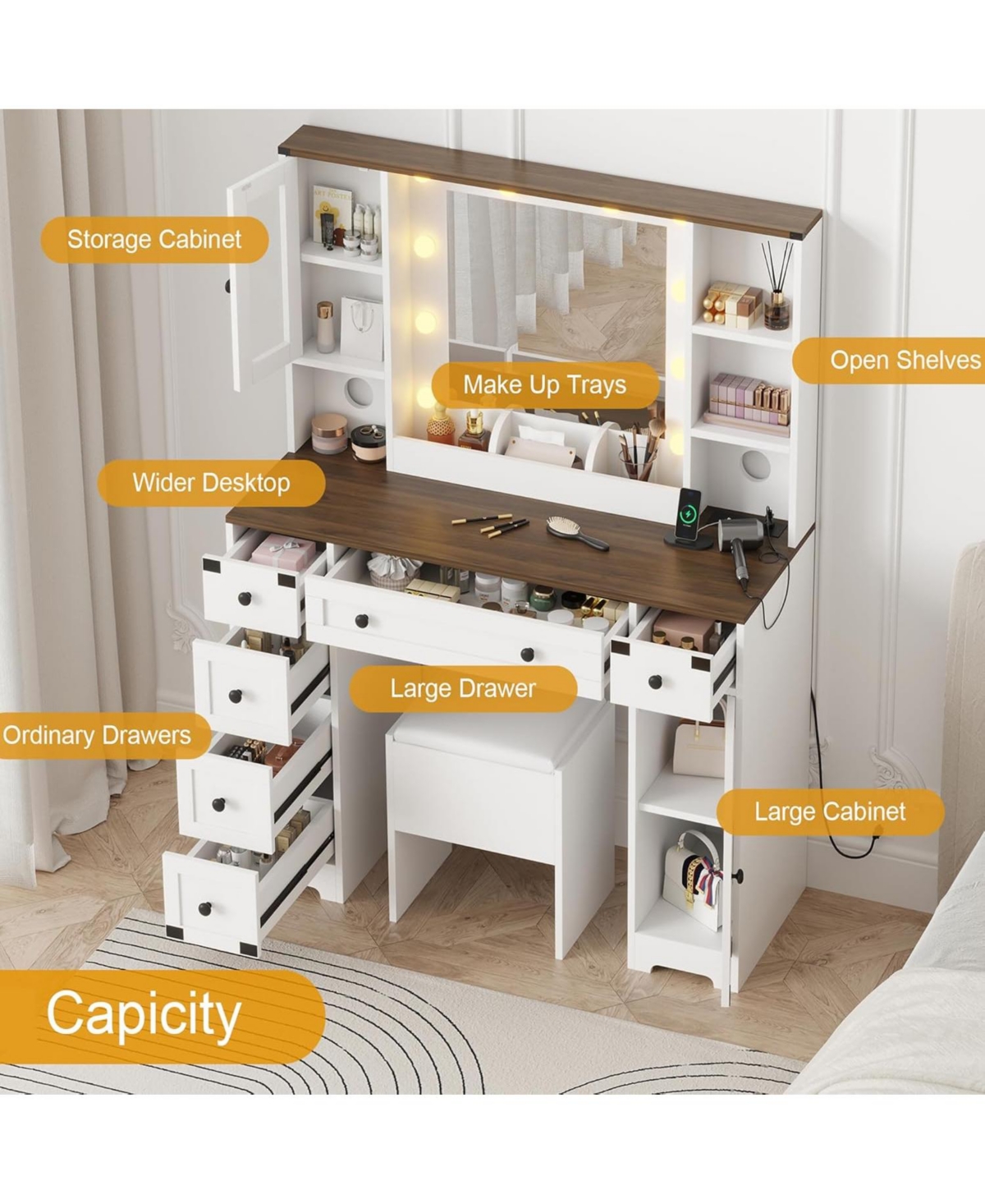 gaomon Makeup Vanity Desk, Vanity Table with Mirror and Lights, Dressing Table