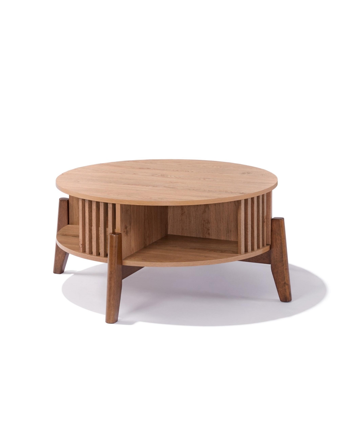 LuxenHome Round Coffee Table with Storage 31.5" Oak Finish Wood Center Accent Tables with Wood Legs - Brown