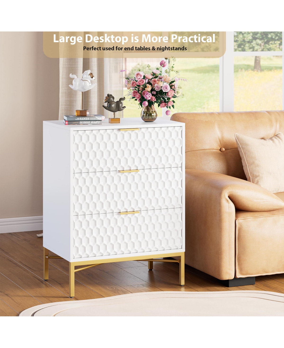 gaomon Modern 3 Drawer Dresser, Nightstand with Wide Top, Chest of Drawers