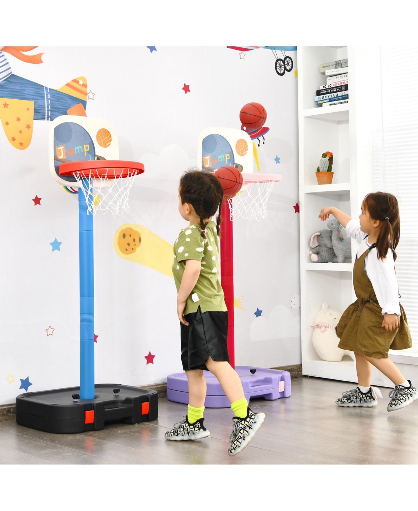 Детские игрушки Gymax Portable 2 in 1 Kids Basketball Hoop Stand w/ Ring Toss and Storage Box, цвет: Красный — фото 3