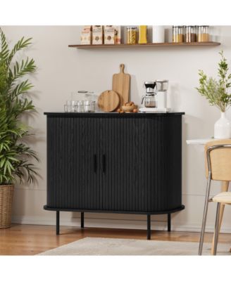 Mid-Century Modern 2-Door Accent Wood  Cabinet with Slatted Sliding Doors