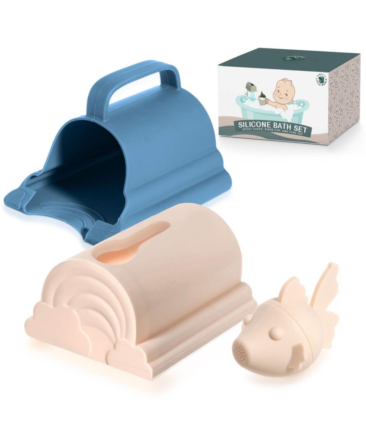 Sperric Toddler Bath Spout Cover Bath Rinse Cup Set- Soft Silicone Bathtub Faucet Safety Guard Bath Rinse Cup, 100% Food Grade Silicone, Pink - Open b