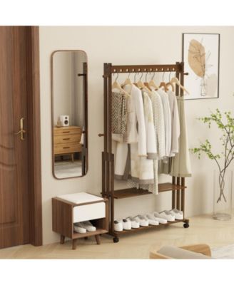 Retro Bamboo Clothes Rack:  Garment Organizer Hanging Rack with Wheels