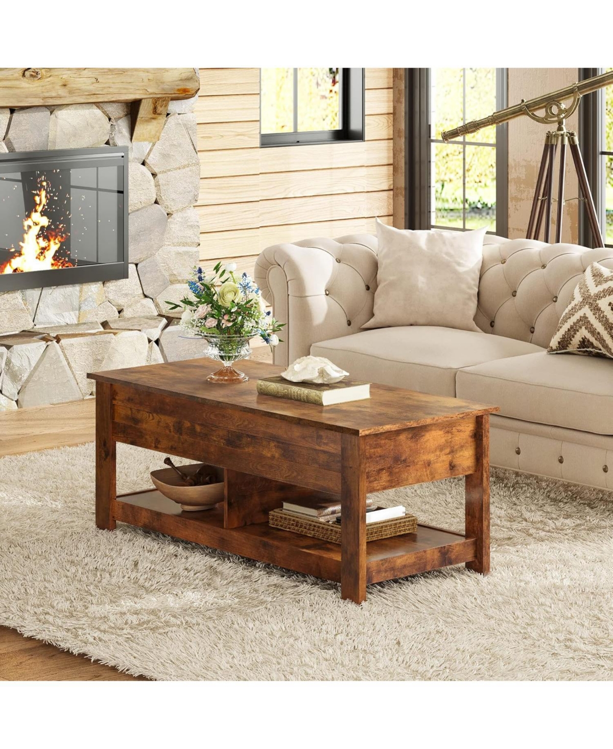Wlive Coffee Table, 47" Lift Top Coffee Table with Hidden Compartment and 2 Storage Shelves for Living Room