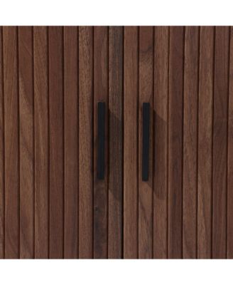 Mid-Century Modern 2-Door Accent Cabinet with Slatted Sliding Doors, Dark Oak