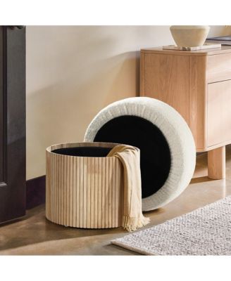 Modern Upholstered Ivory Footstool with Storage and Wood Fluted Base