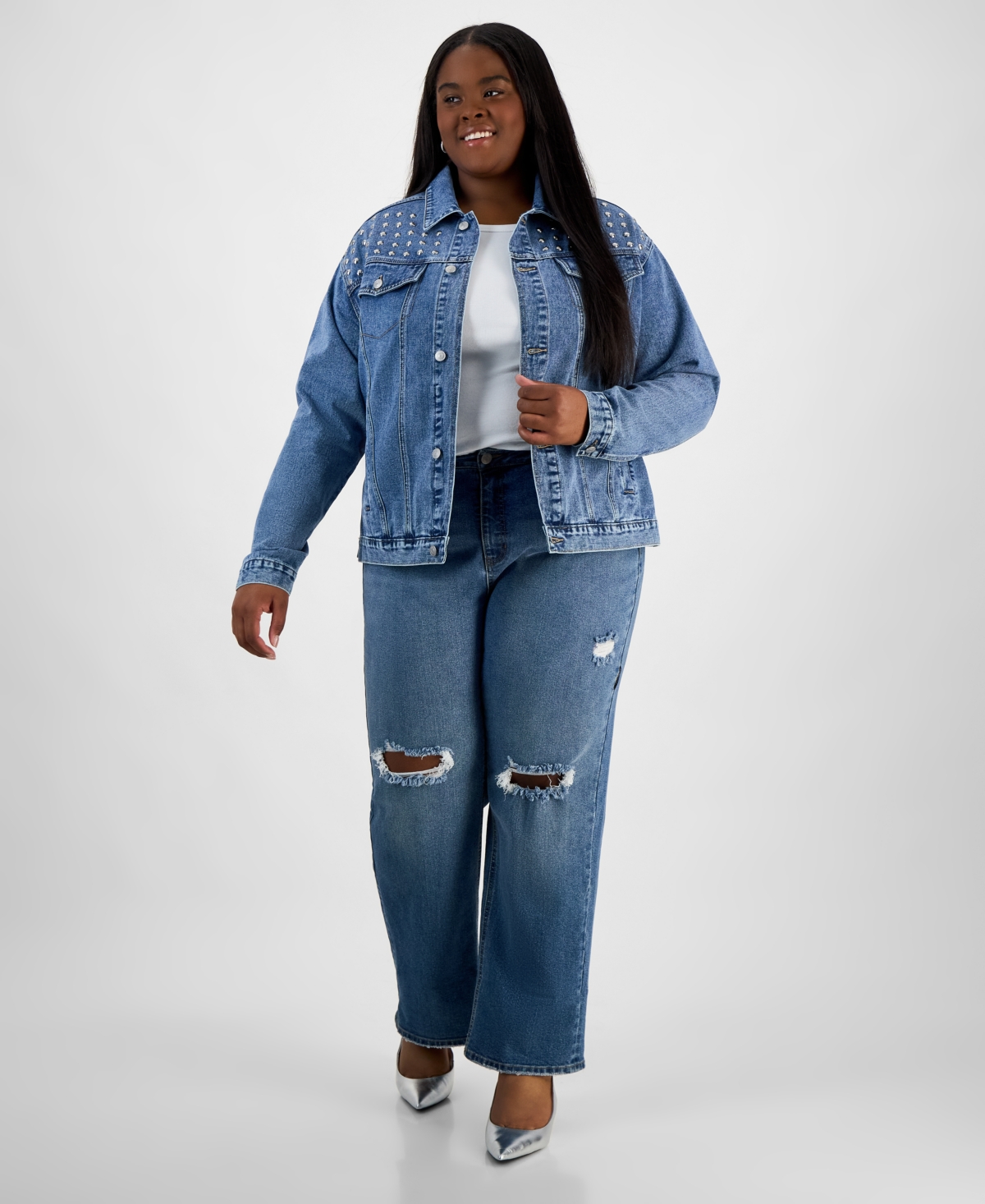 Shop Madden Girl Trendy Plus Size Studded Denim Jacket In Medium Wash