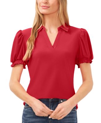 CeCe - Women's Collared Split-Neck Short-Sleeve Top