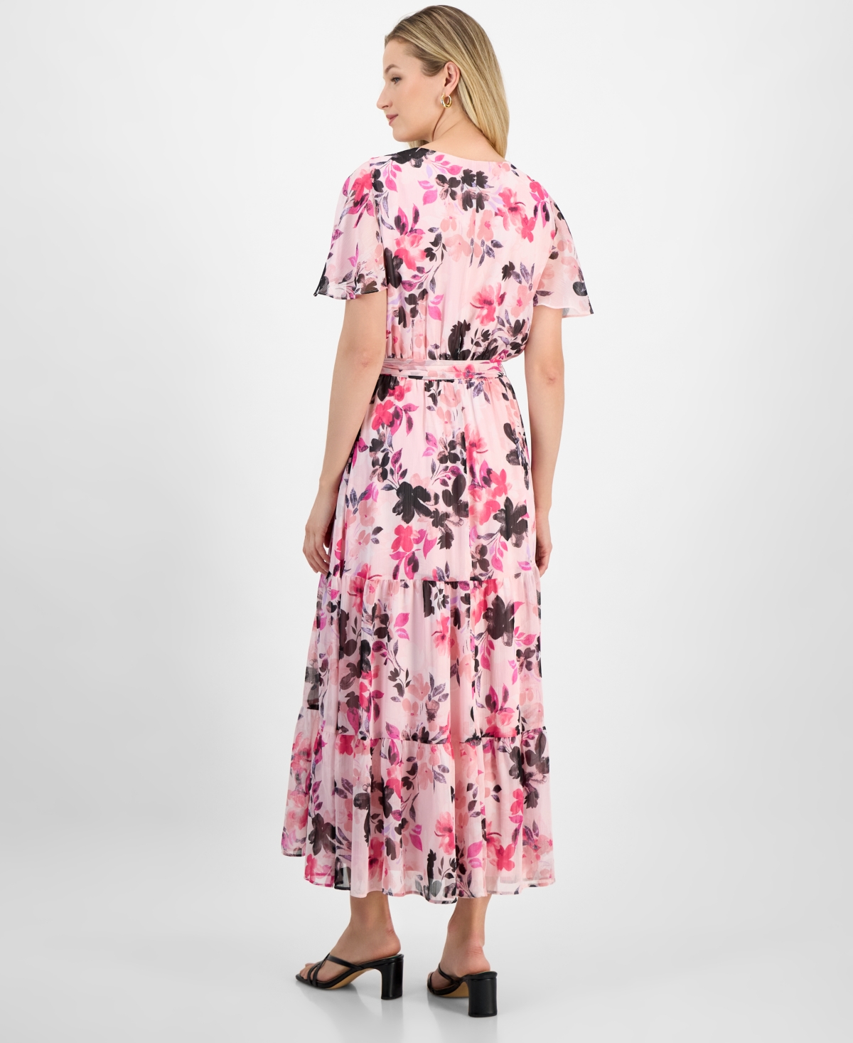 Kasper Floral Short Sleeve Tiered Maxi Dress In Tutu Pink Multi