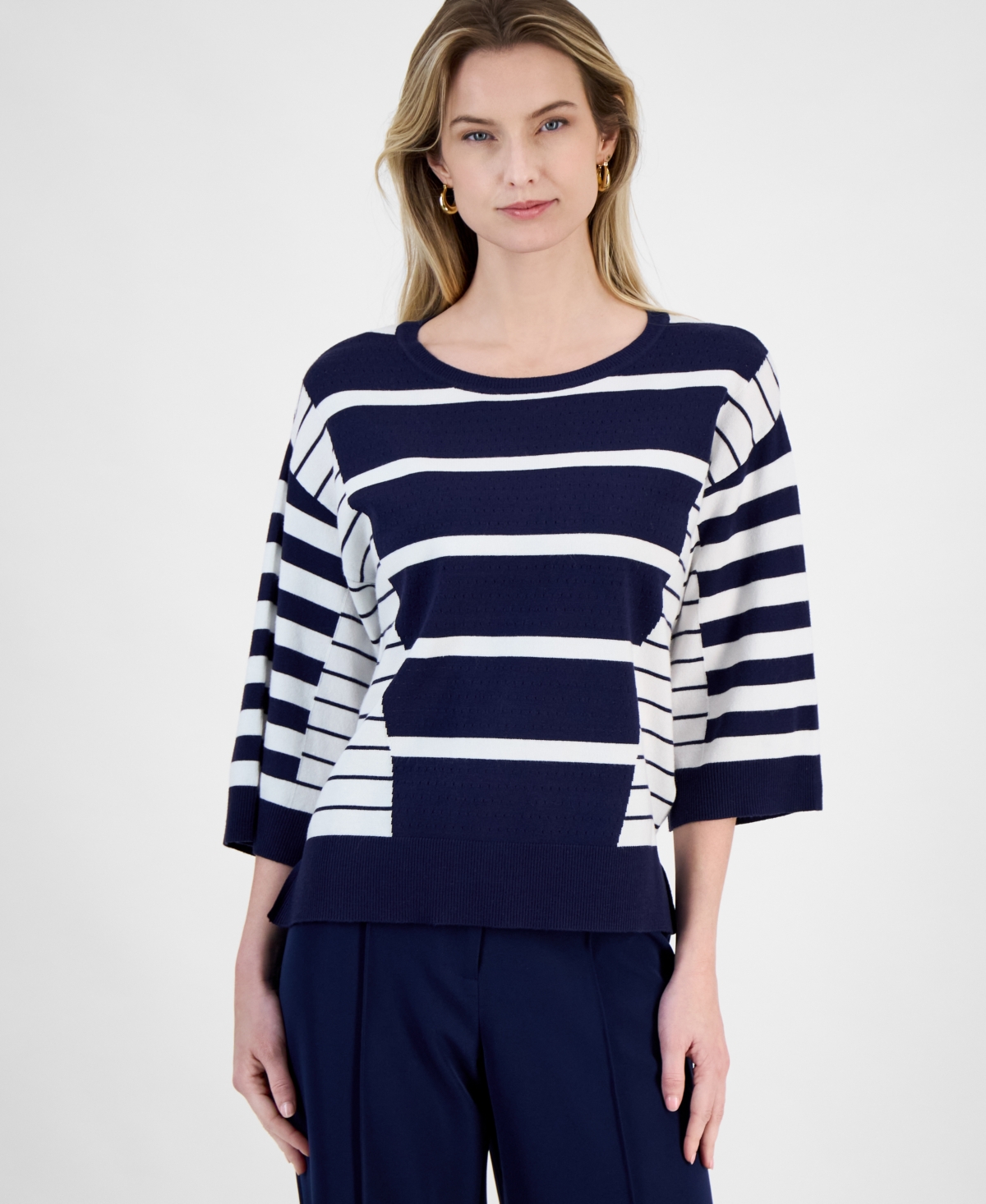 T Tahari Women's Striped 3/4-sleeve Sweater In Evening Navy,white Stripe