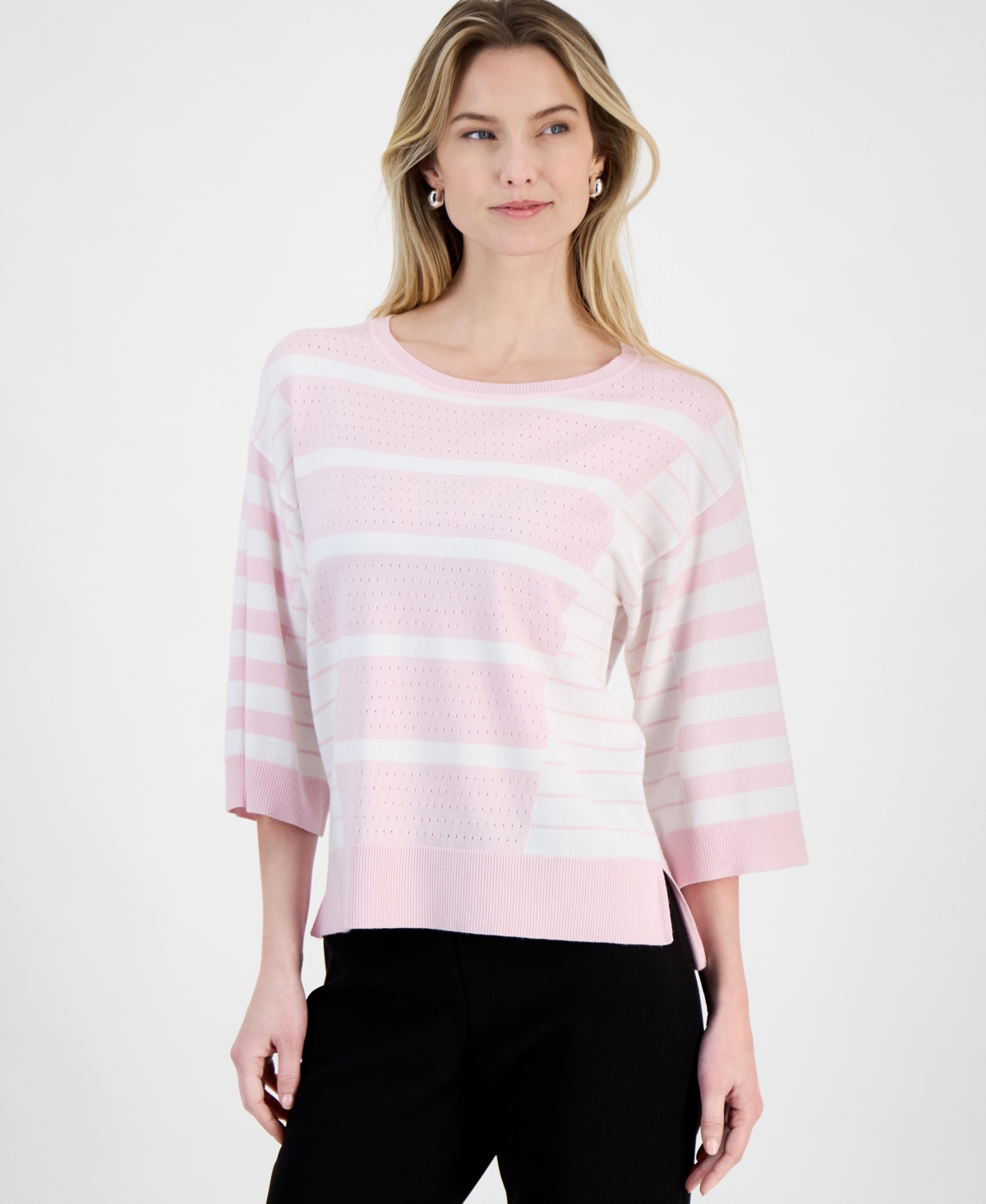 T Tahari Women's Striped 3/4-sleeve Sweater In Soft Pink,white Stripe