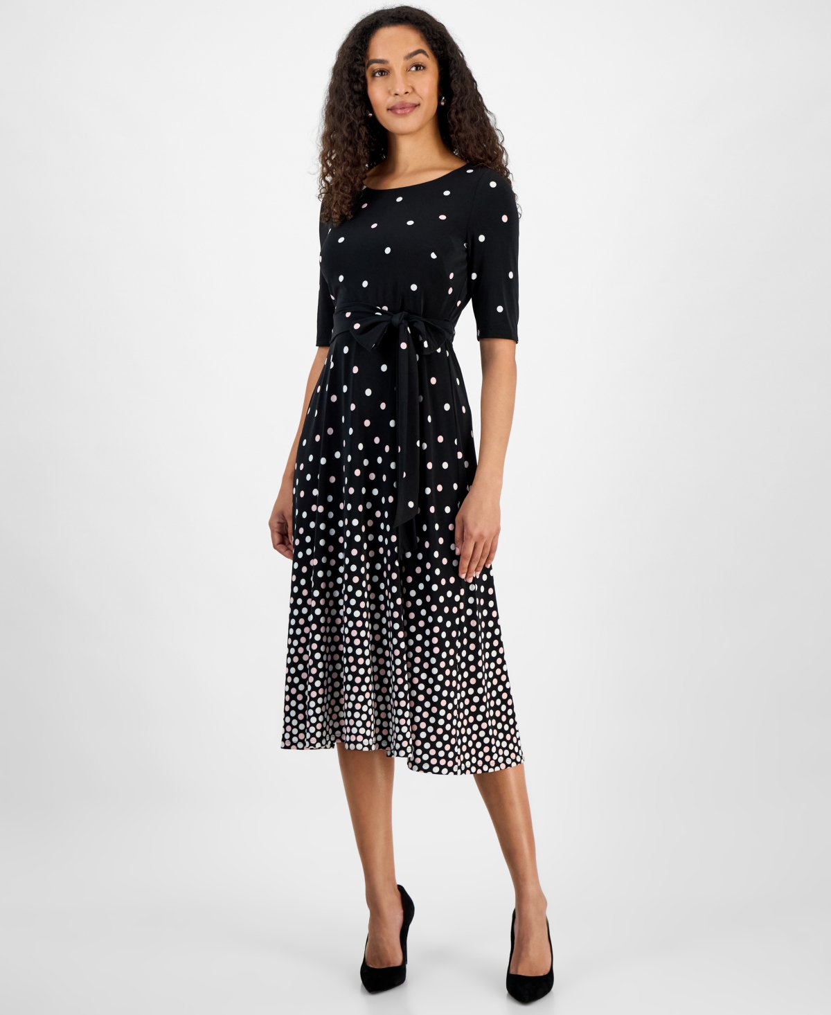 Women's Petite Graduated Dot-Print 3/4-Sleeve Dress - Black Multi