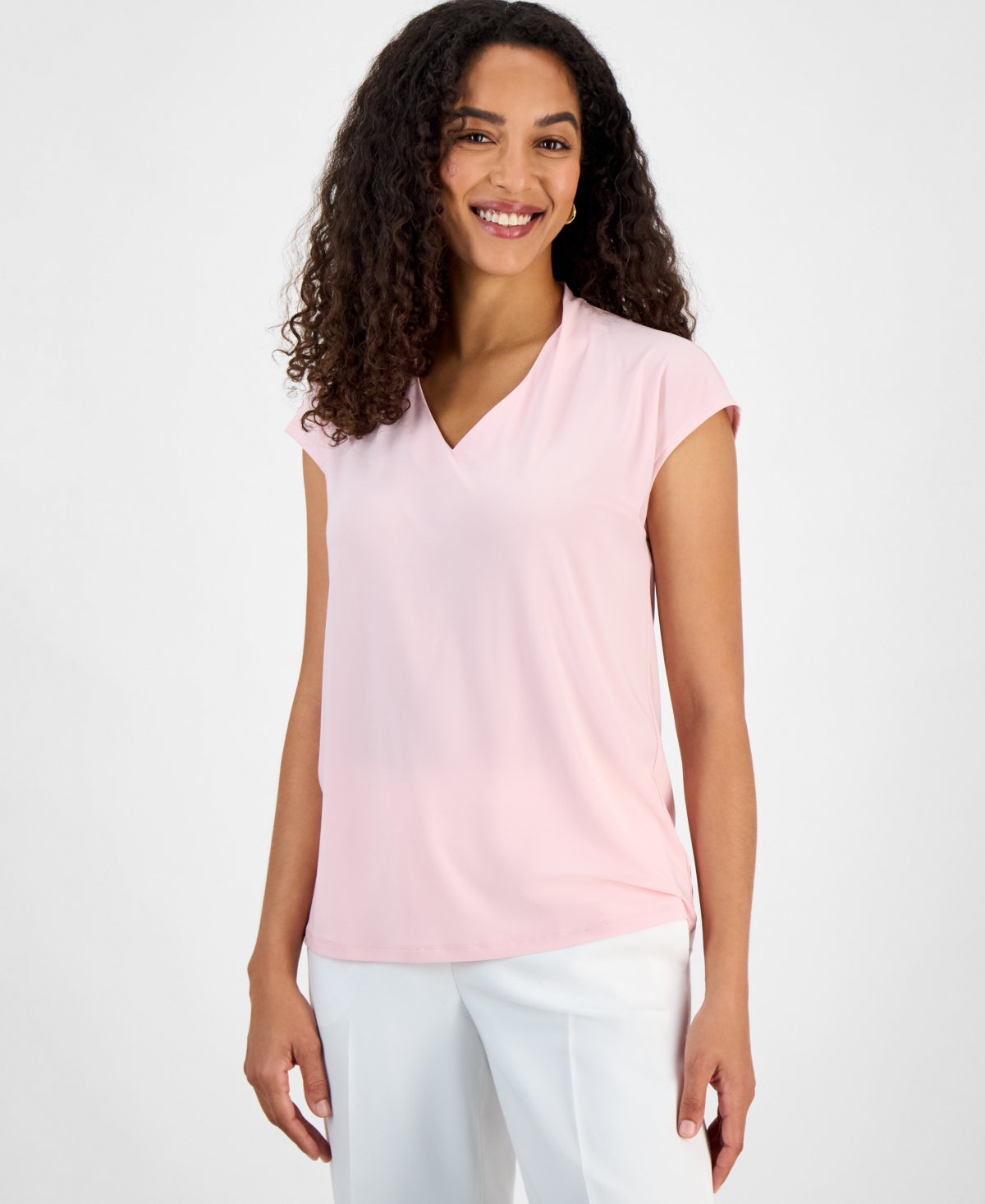 Women's V-Neck Cap-Sleeve Top, Regular & Petite - Tutu Pink