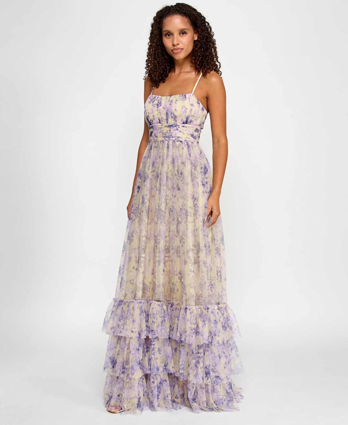 CITY STUDIOS JUNIORS' PRINTED TULLE RUFFLE-HEM GOWN, CREATED FOR MACY'S 