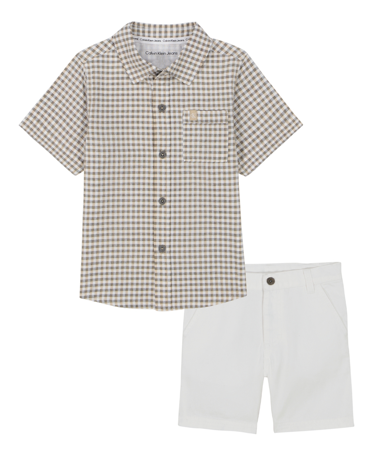 Calvin Klein Toddler And Little Boys Seersucker Check Short Sleeve Shirt And Twill Shorts, 2-piece Set In Bright White,cream Plaid