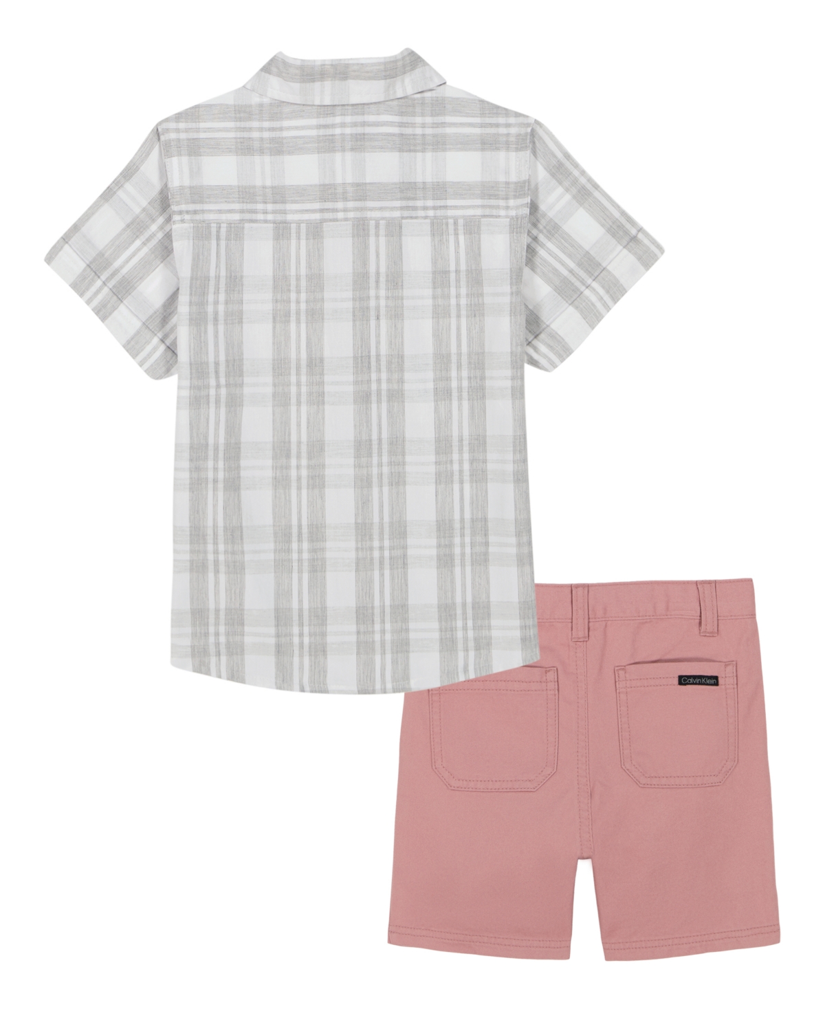 Calvin Klein Toddler And Little Boys Plaid Short Sleeve Shirt And Twill Shorts, 2-piece Set In Cloud Gate,bright White,strawberry Gray