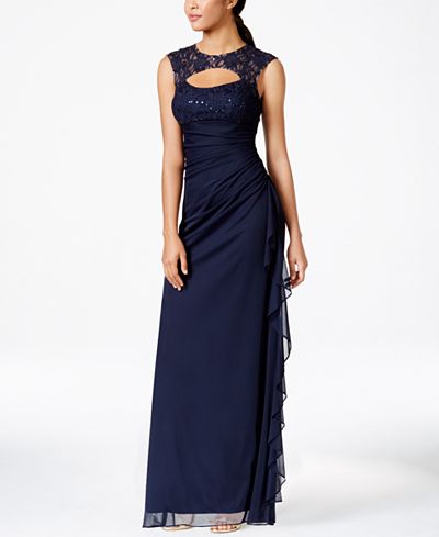 B&A by Betsy and Adam Lace-Trim Cutout Ruched Gown