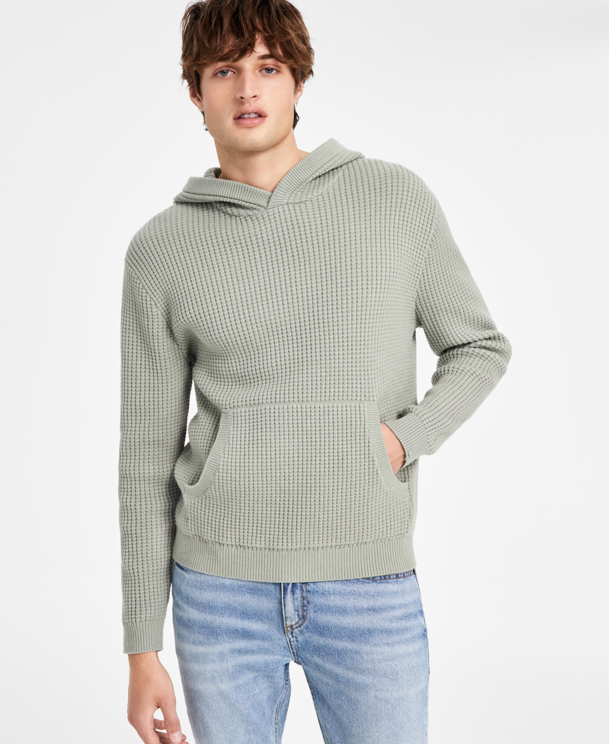 Men's Waffle-Knit Pullover Hoodie, Exclusively at Macy's - Vintage Sage