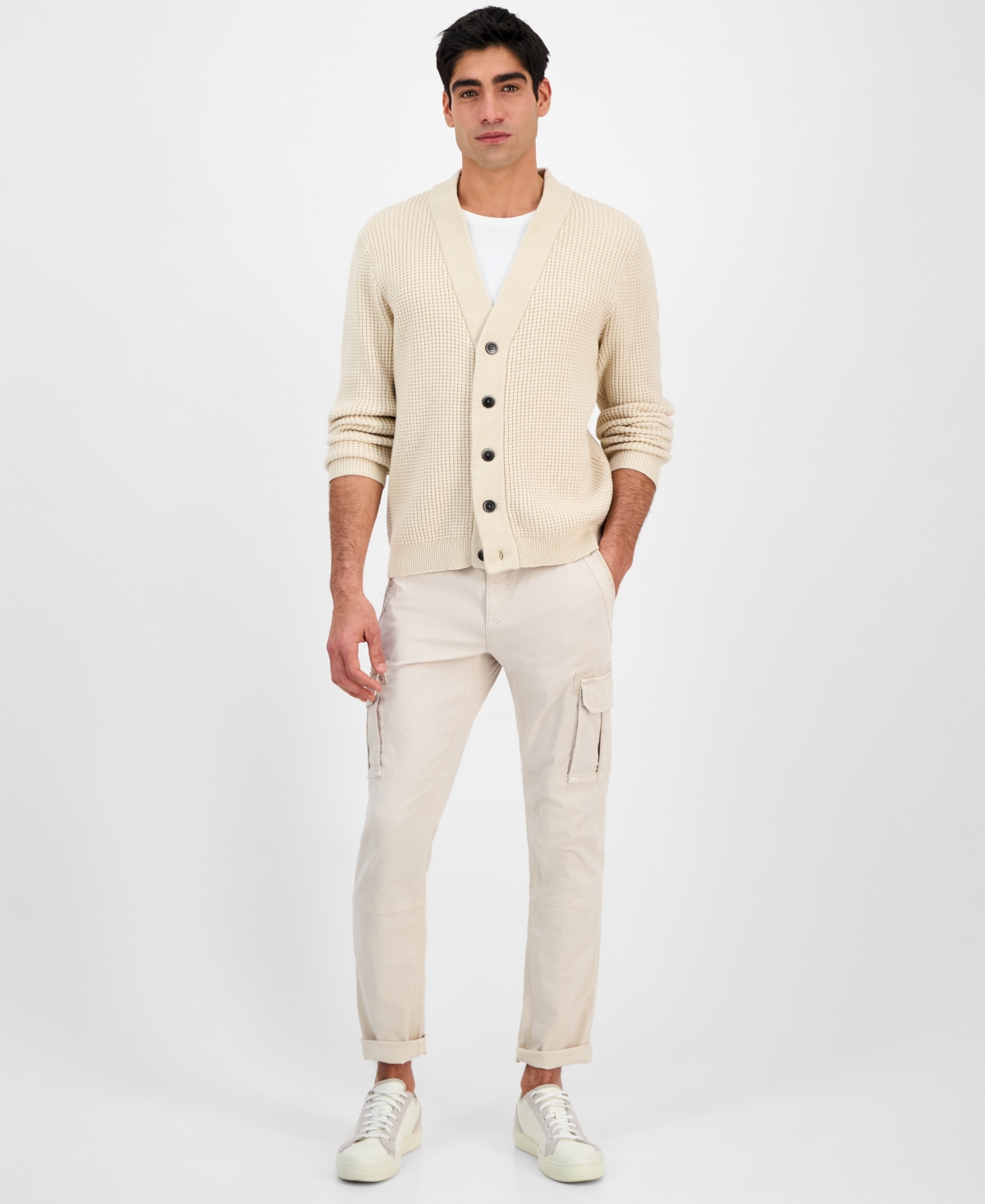 Shop Sun + Stone Men's Long Sleeve Waffle Knit Cardigan Sweater, Exclusively At Macy's In Neutral