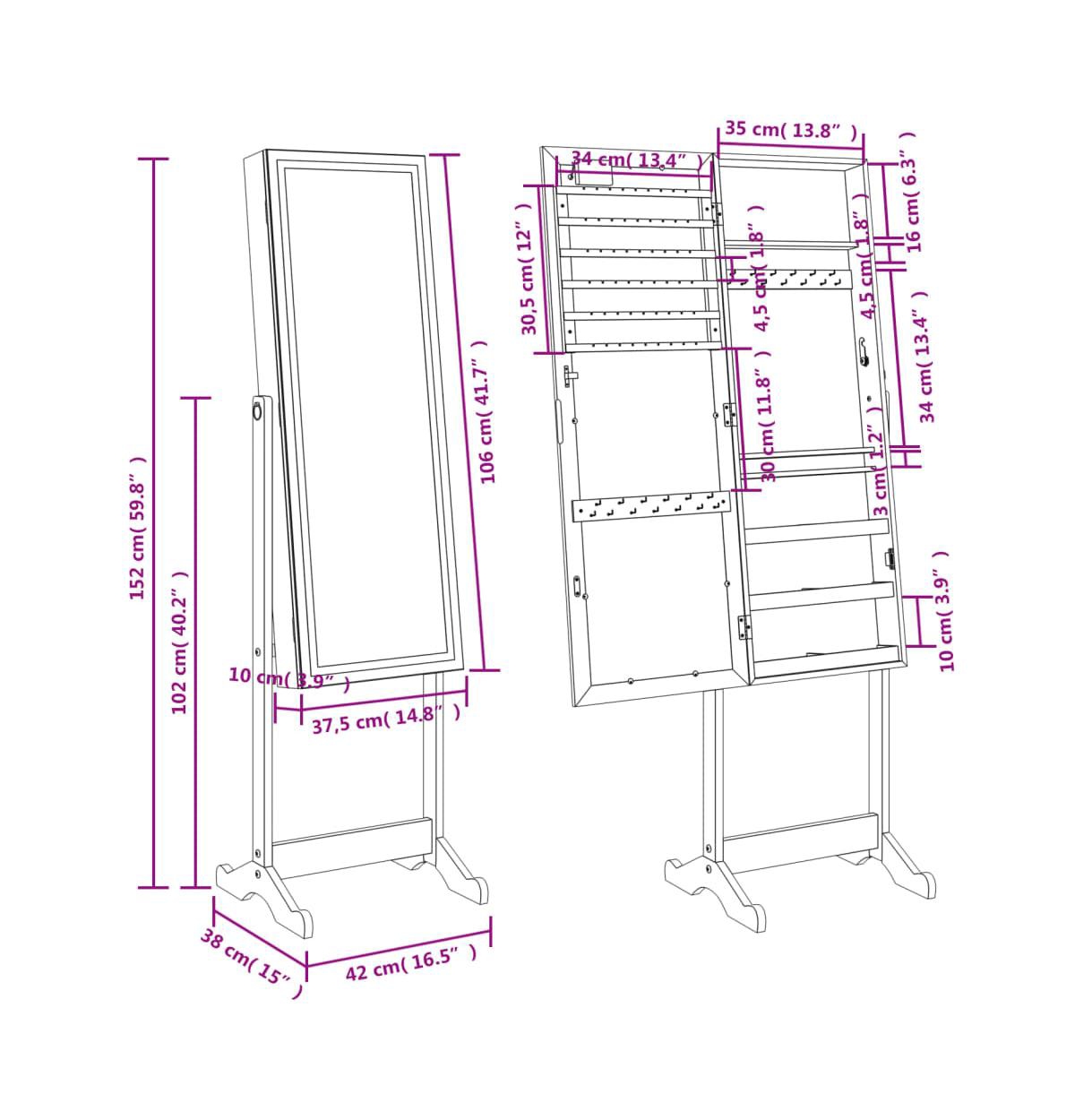 vidaXL Mirror Jewellery Cabinet with Led Lights Free Standing- White