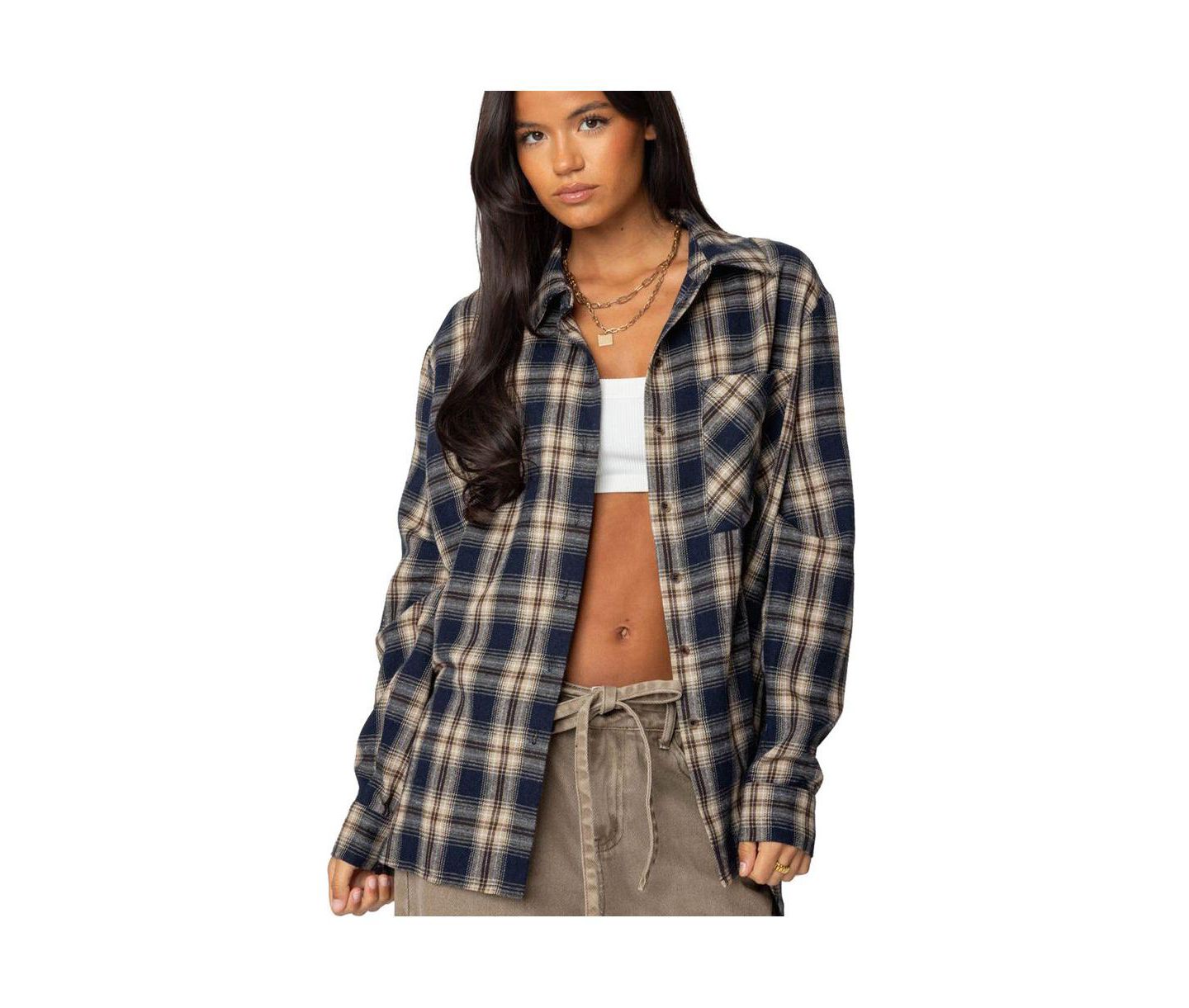 Женская рубашка Edikted Plaid Flannel Button Up, цвет: Тёмно-синий — фото 1