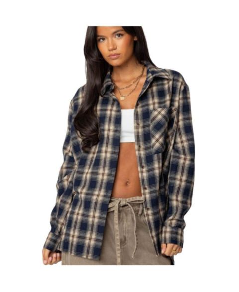 Женская рубашка Edikted Plaid Flannel Button Up, цвет: Тёмно-синий