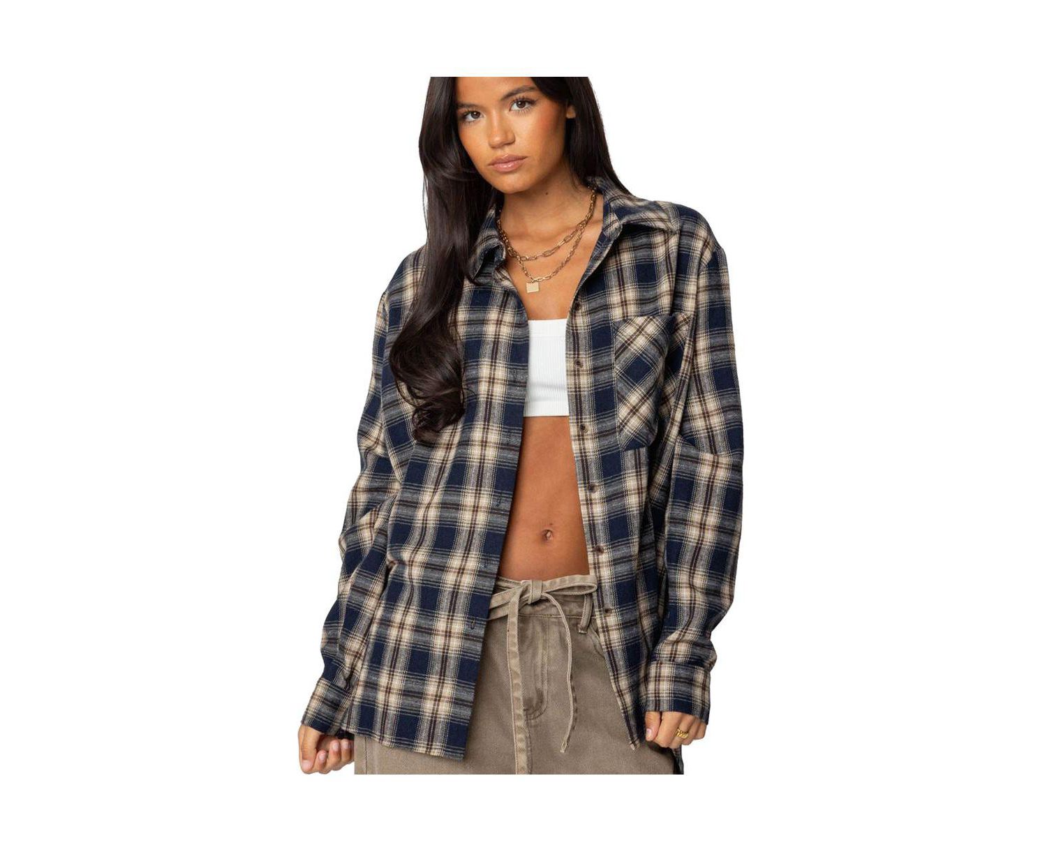 Womens Plaid Flannel Button Up Shirt