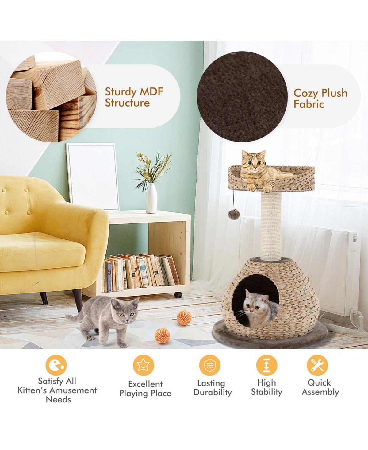 Gymax 28'' Hand-Made Cat Tree Tower Natural Bowl Shaped w/Perch