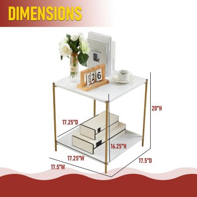 Side End Table with Faux Marble Storage Shelves & Gold Metal Frame, Nightstand for Bedroom, Living Room, or Modern Accent Table