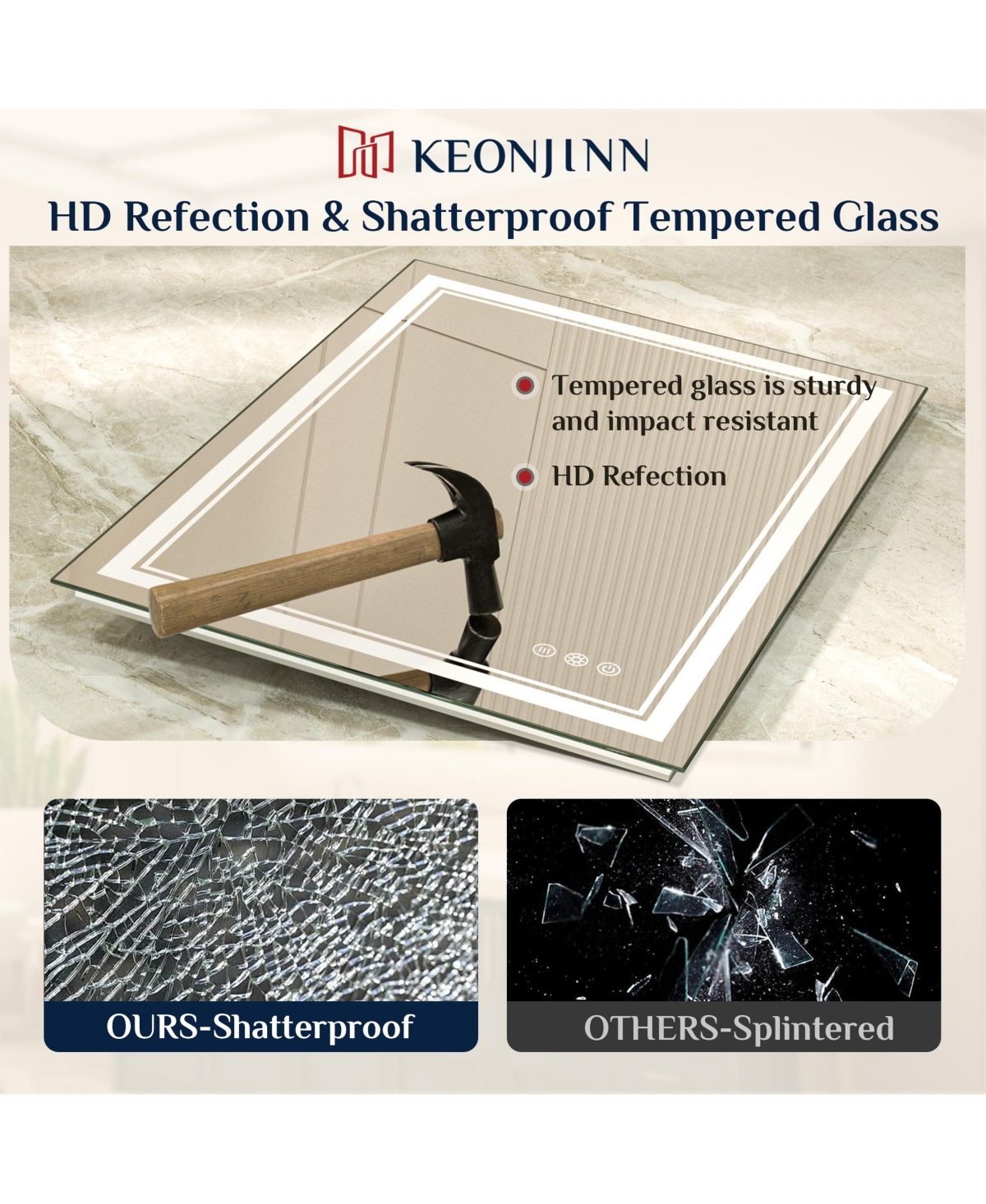 keonjinn Led Bathroom Mirror with Frontlit and Backlit, Stepless 3 Colors Temperature & Dimmable Light