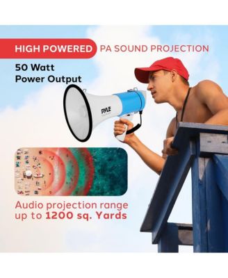 50-Watt Portable Megaphone with Siren, MP3 Input, Adjustable Volume, Shoulder Strap, Lightweight White Bullhorn