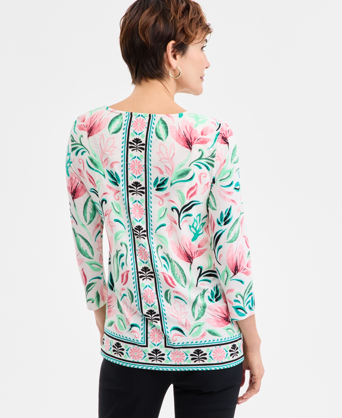 JM COLLECTION WOMEN'S PRINTED 3/4 SLEEVE SCOOP-NECK JACQUARD TOP, EXCLUSIVELY AT MACY'S 