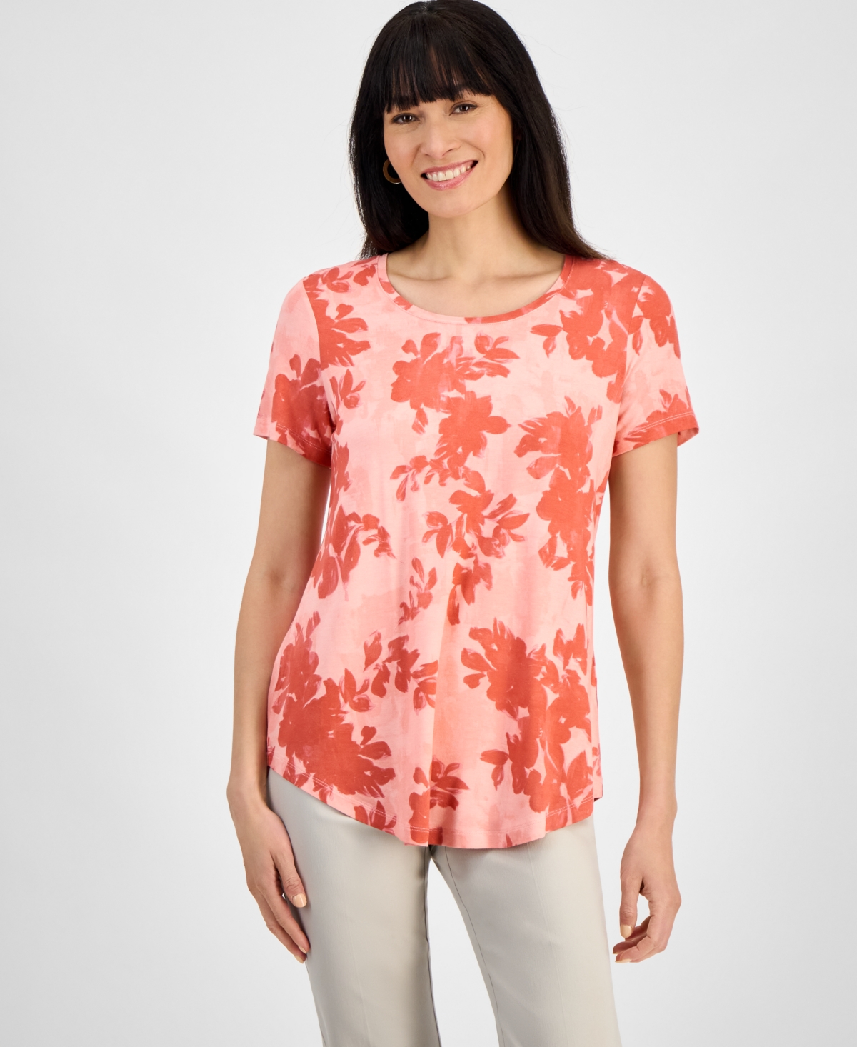 Women's Printed Scoop-Neck Short Sleeve Top, Exclusively at Macy's - Pink Cryst