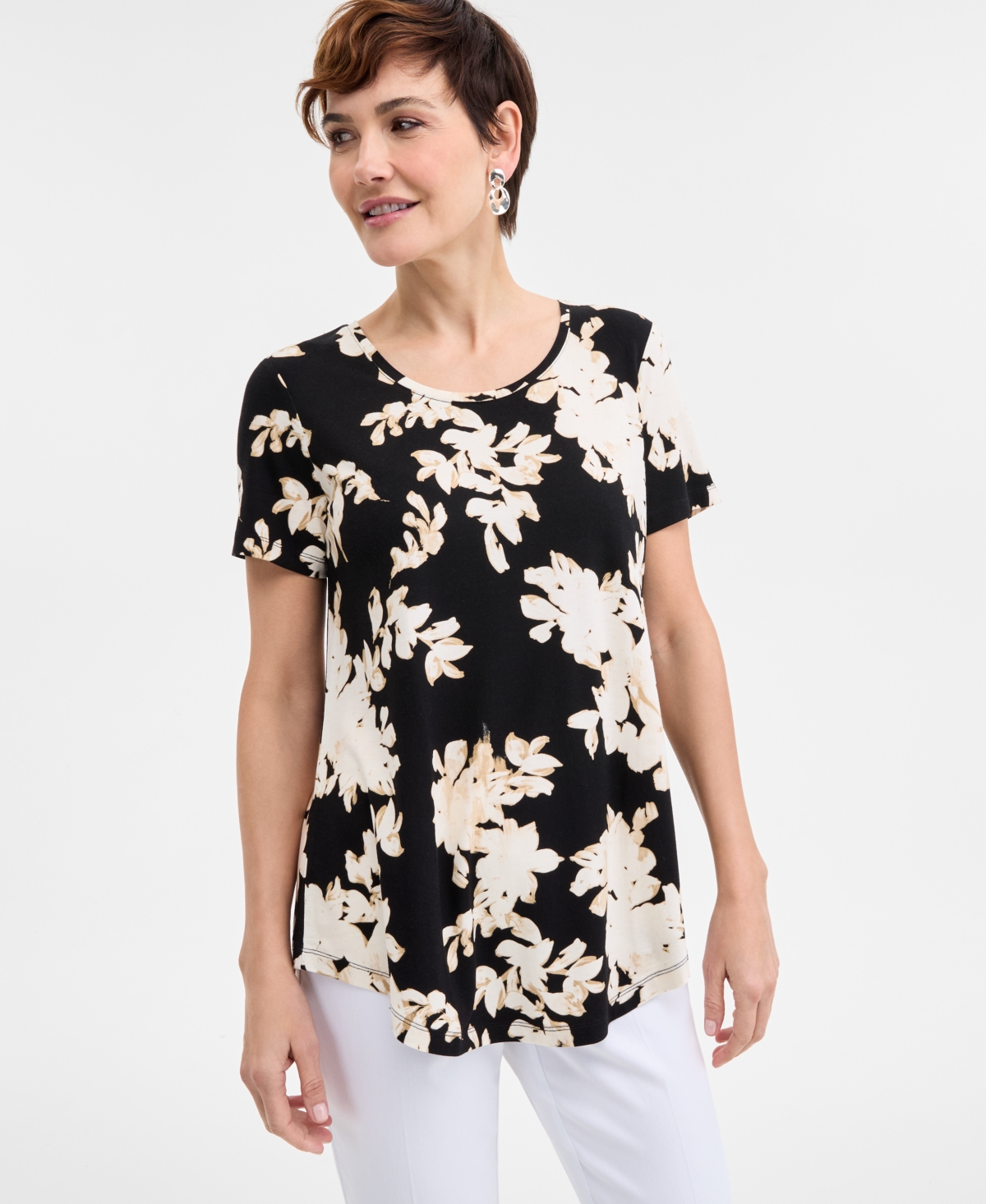 Jm Collection Women's Printed Scoop-neck Short Sleeve Top, Exclusively At Macy's In Deep Black