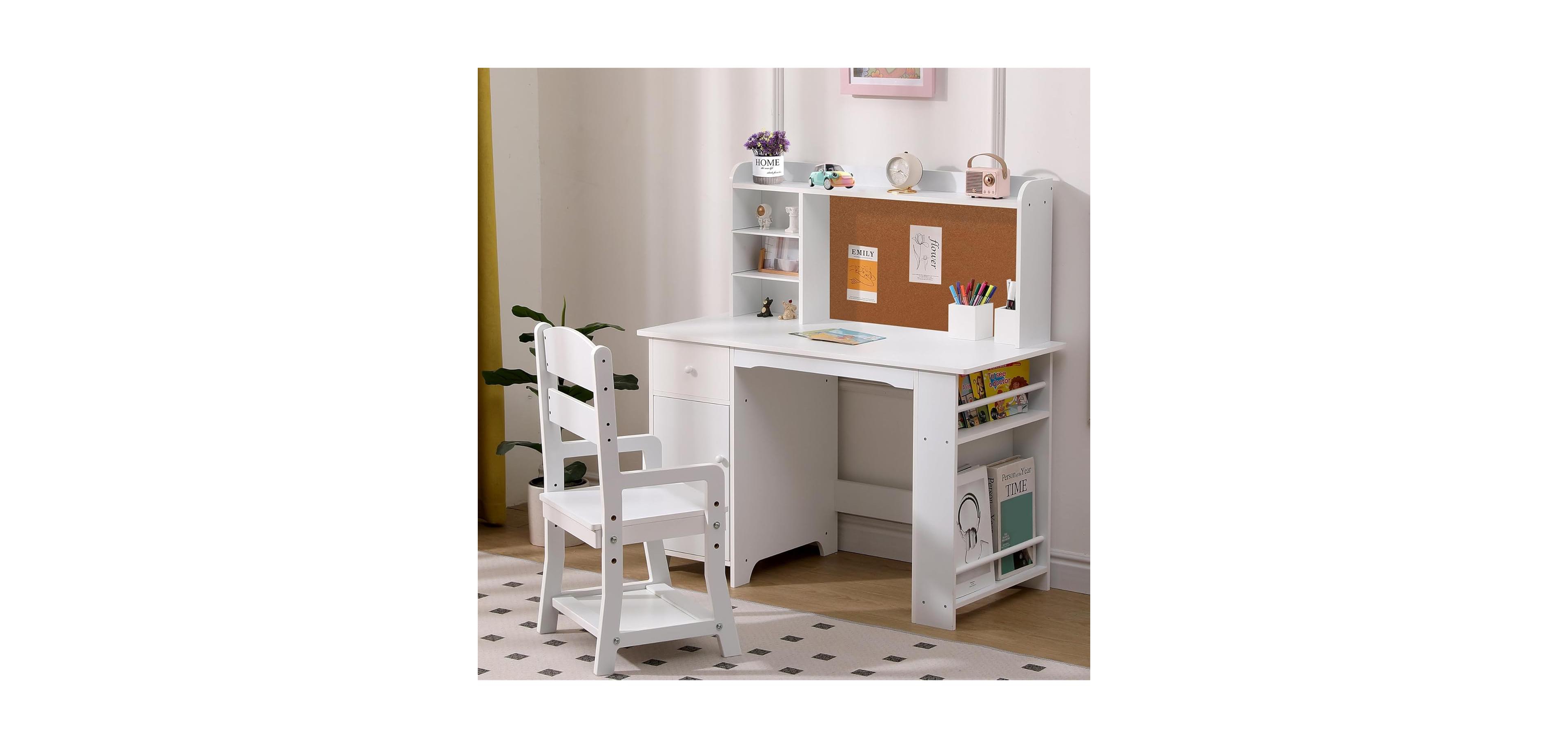 gaomon Kids Study Desk and Chair Set, Features Bookshelf, Bulletin Board, and Cabinets