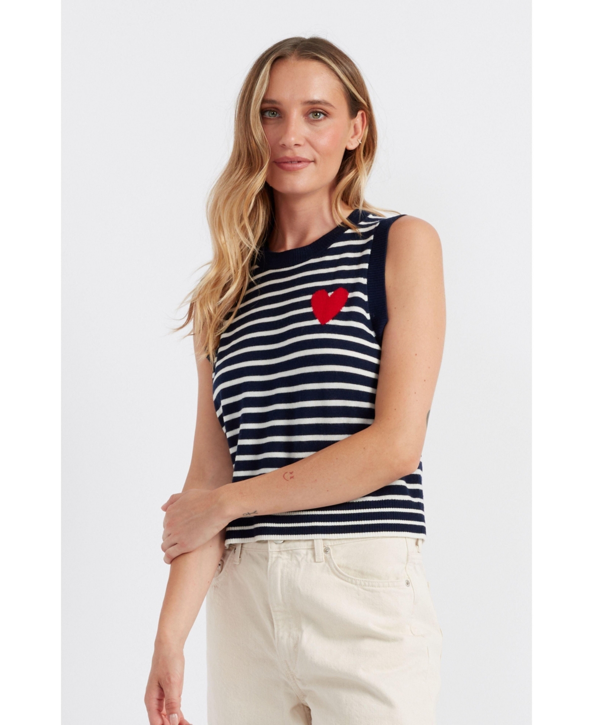 Women's Pure Merino Heart Breton Tank - Navy