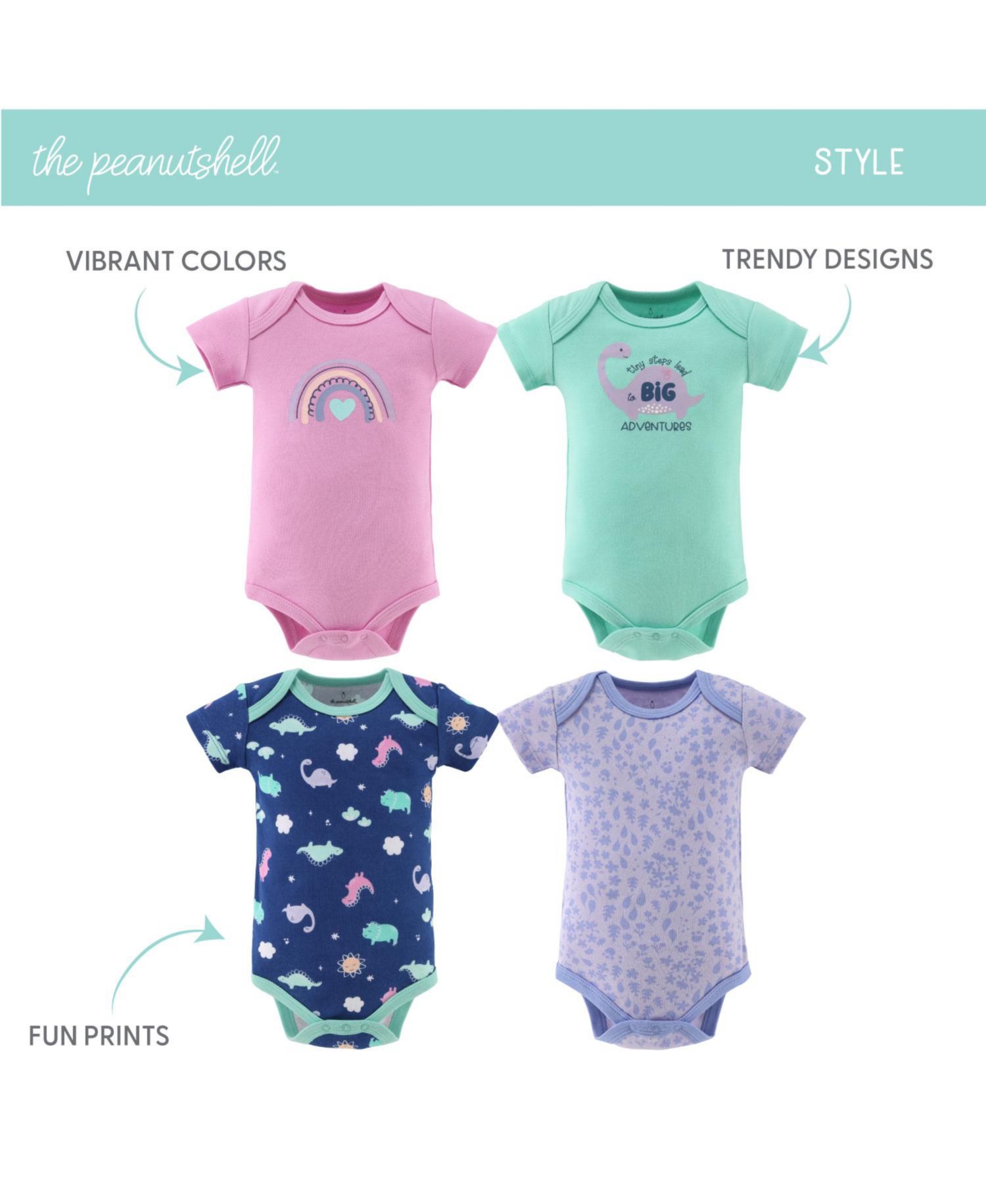 Baby Girls Dino Bodysuits, 4-Pack