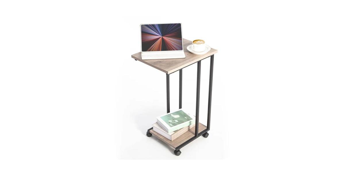Slickblue Modern Industrial Metal and Wood Tv Tray Bedside Table with Removable Casters for Versatile Use - Smoky Grey